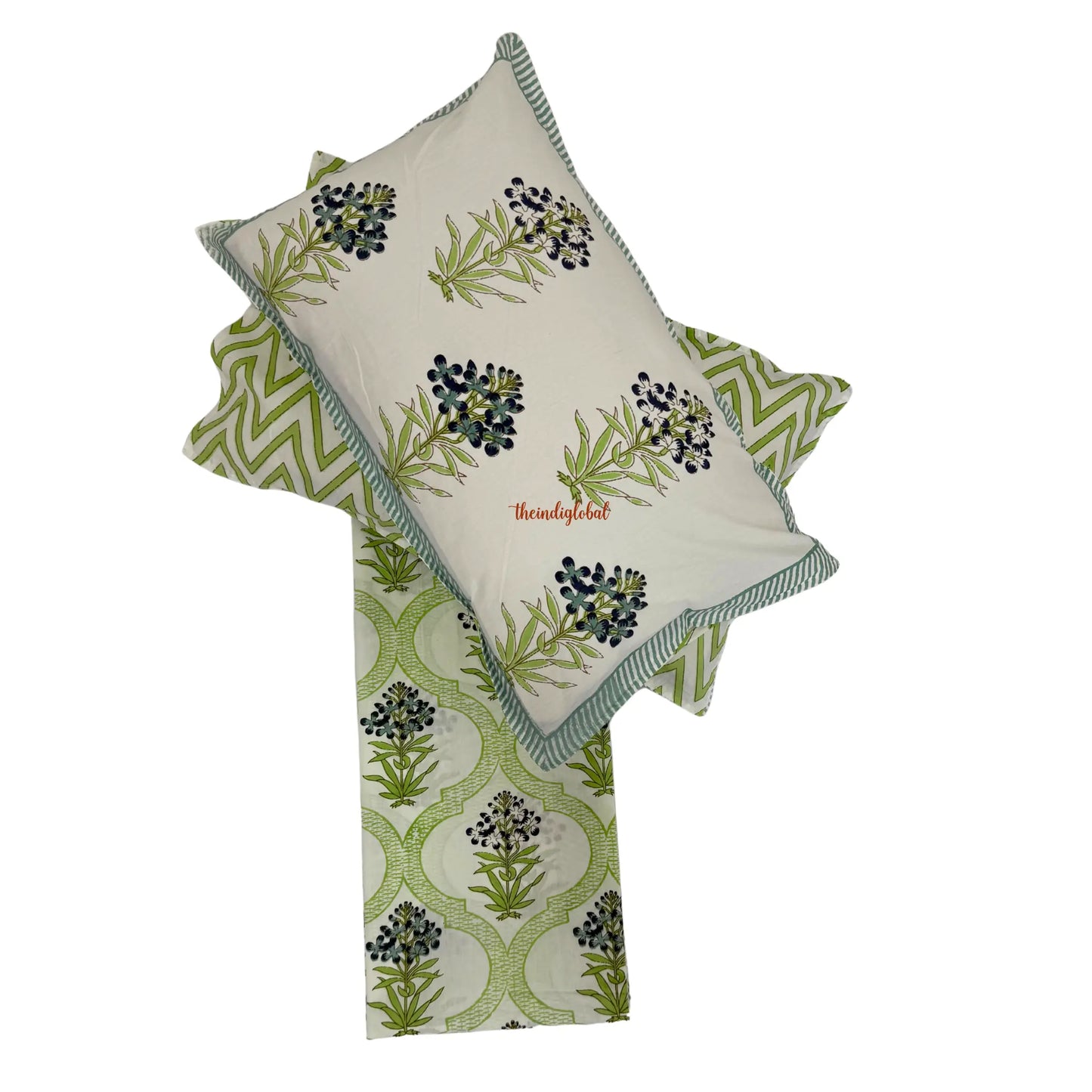 Veda Hand Block Soft Cotton Bedsheet with 2 Pillow Covers Blue green