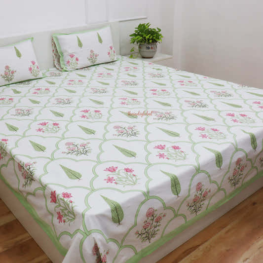 Veda Hand Block Soft Cotton Bedsheet with 2 Pillow Covers Green
