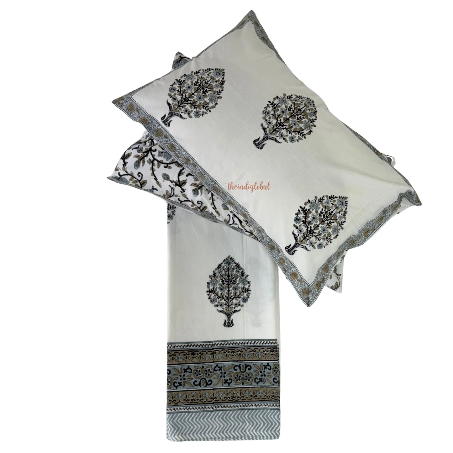 Veda Hand Block Soft Cotton Bedsheet with 2 Pillow Covers Grey