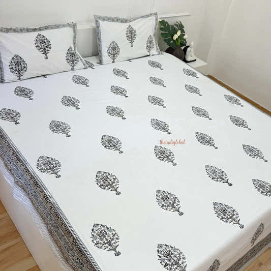 Veda Hand Block Soft Cotton Bedsheet with 2 Pillow Covers Grey