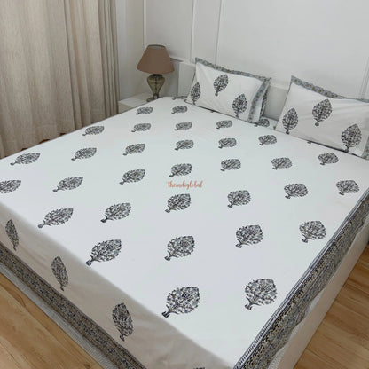 Veda Hand Block Soft Cotton Bedsheet with 2 Pillow Covers Grey