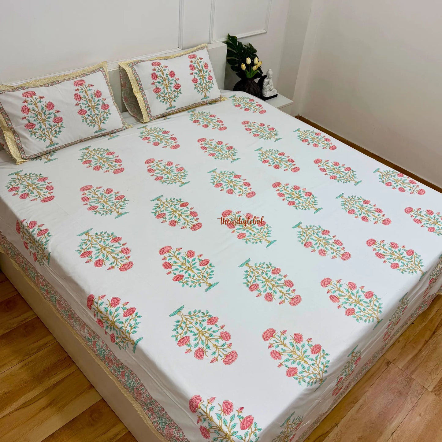 Veda Hand Block Soft Cotton Bedsheet with 2 Pillow Covers Peach