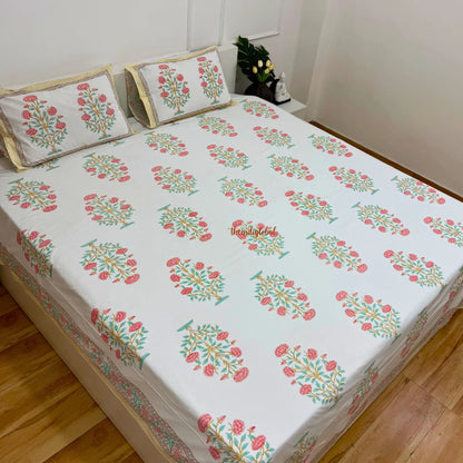Veda Hand Block Soft Cotton Bedsheet with 2 Pillow Covers Peach