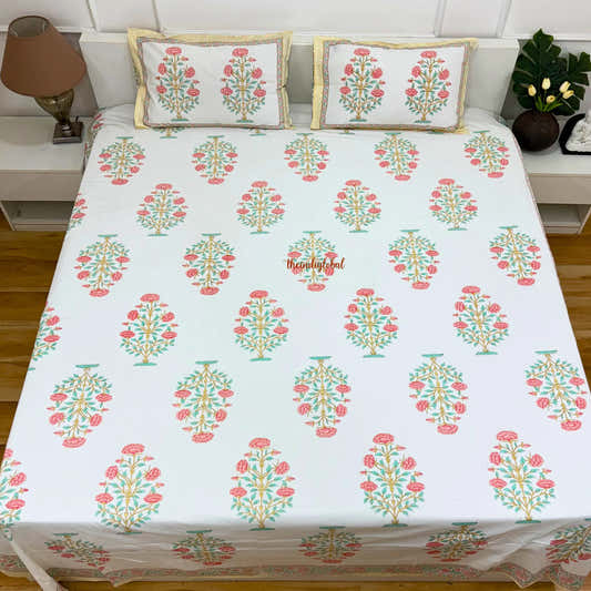Veda Hand Block Soft Cotton Bedsheet with 2 Pillow Covers Peach
