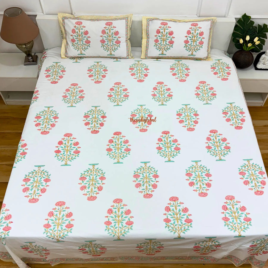 Veda HandBlock Soft Cotton Bedsheet with 2 Pillow Covers Peach 2