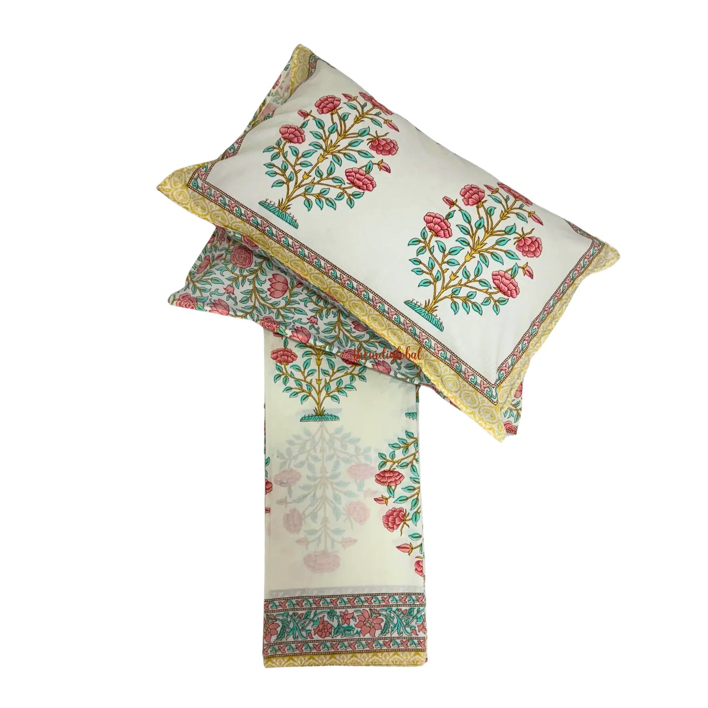 Veda Hand Block Soft Cotton Bedsheet with 2 Pillow Covers Peach