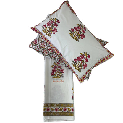 Veda Hand Block Soft Cotton Bedsheet with 2 Pillow Covers Pink