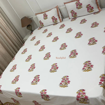 Veda Hand Block Soft Cotton Bedsheet with 2 Pillow Covers Pink