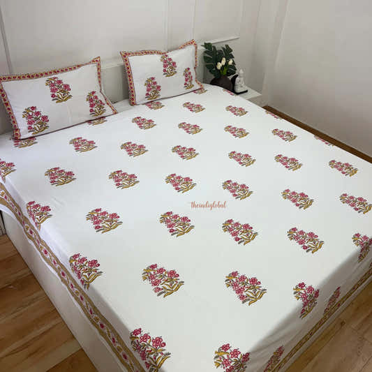 Veda Hand Block Soft Cotton Bedsheet with 2 Pillow Covers Pink