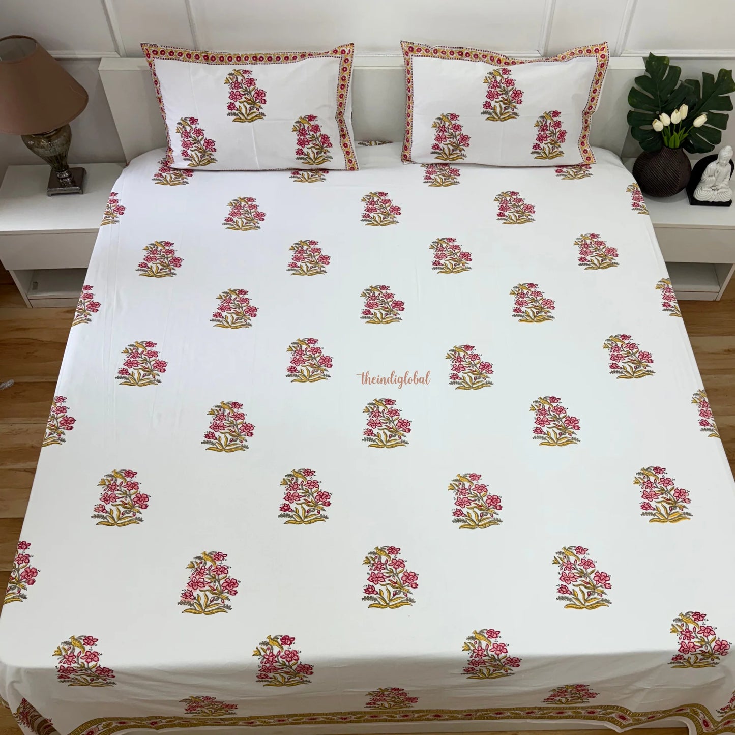 Veda Hand Block Soft Cotton Bedsheet with 2 Pillow Covers Pink