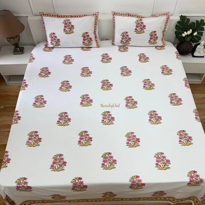 Veda Hand Block Soft Cotton Bedsheet with 2 Pillow Covers Pink