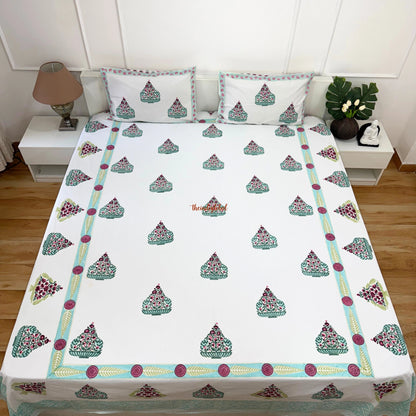 Veda Hand Block Soft Cotton Bedsheet with 2 Pillow Covers Blue