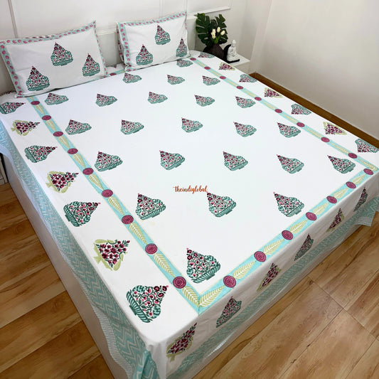 Veda Hand Block Soft Cotton Bedsheet with 2 Pillow Covers Blue