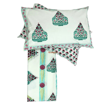 Veda Hand Block Soft Cotton Bedsheet with 2 Pillow Covers Blue