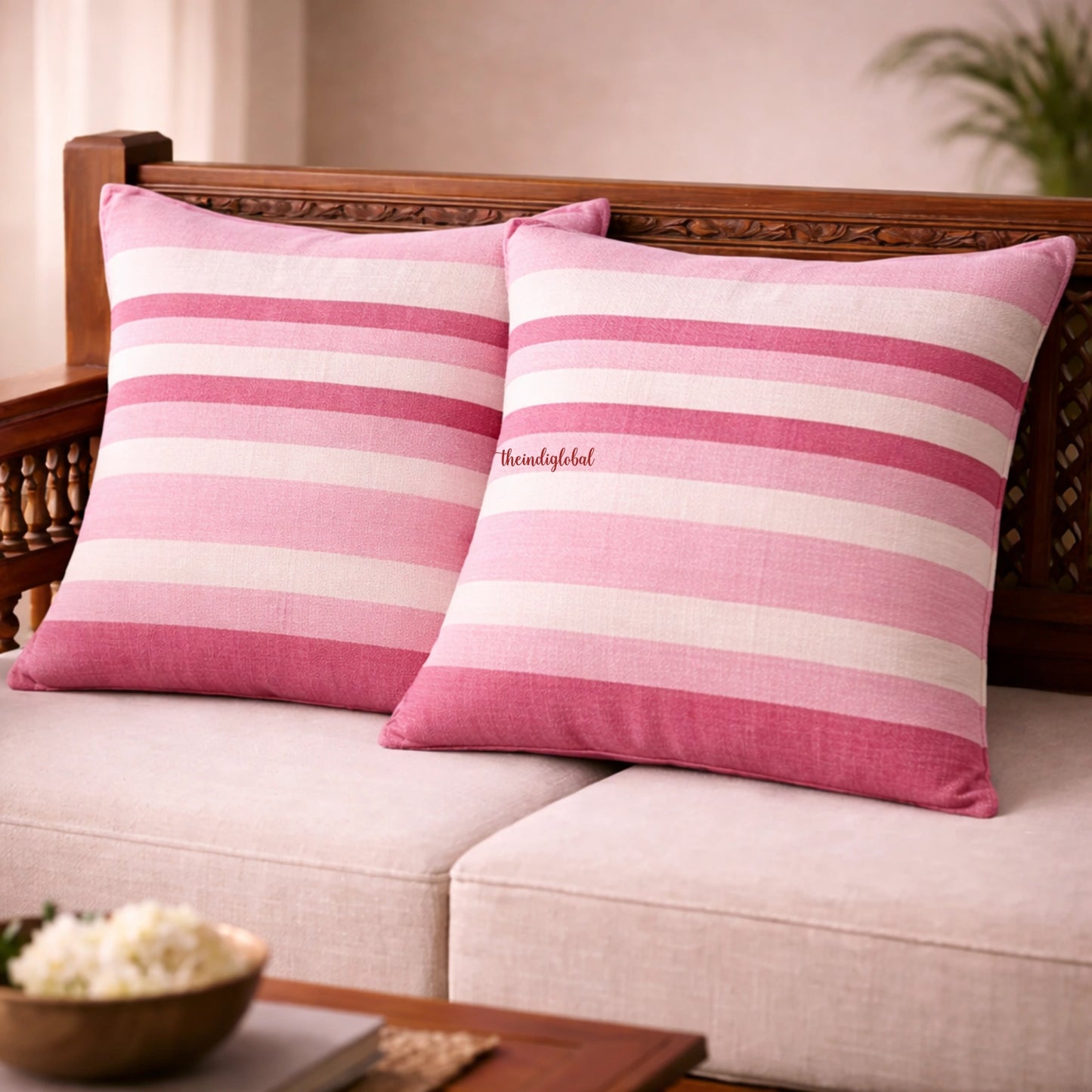 White & Pink Handloom Cotton Cushion Cover