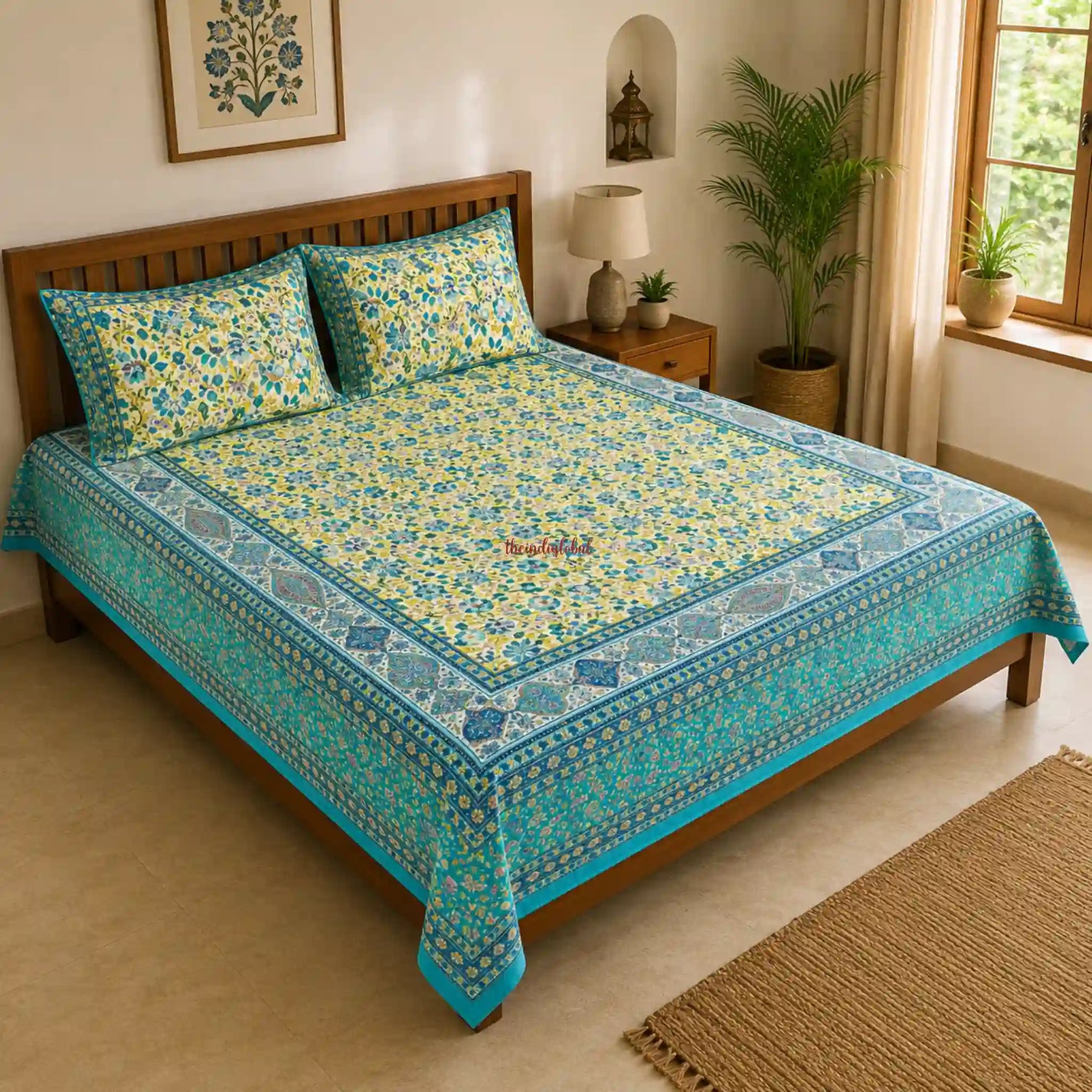 Yellow_Green_Hand_Block_Print_Cotton_Bedsheet_with_Two_Pillow1