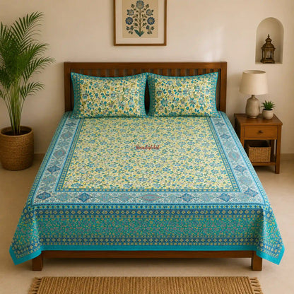 Yellow_Green_Hand_Block_Print_Cotton_Bedsheet_with_Two_Pillow2