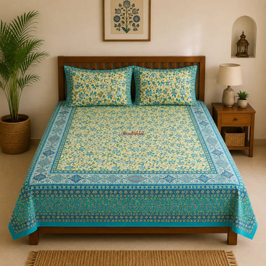 Yellow_Green_Hand_Block_Print_Cotton_Bedsheet_with_Two_Pillow2