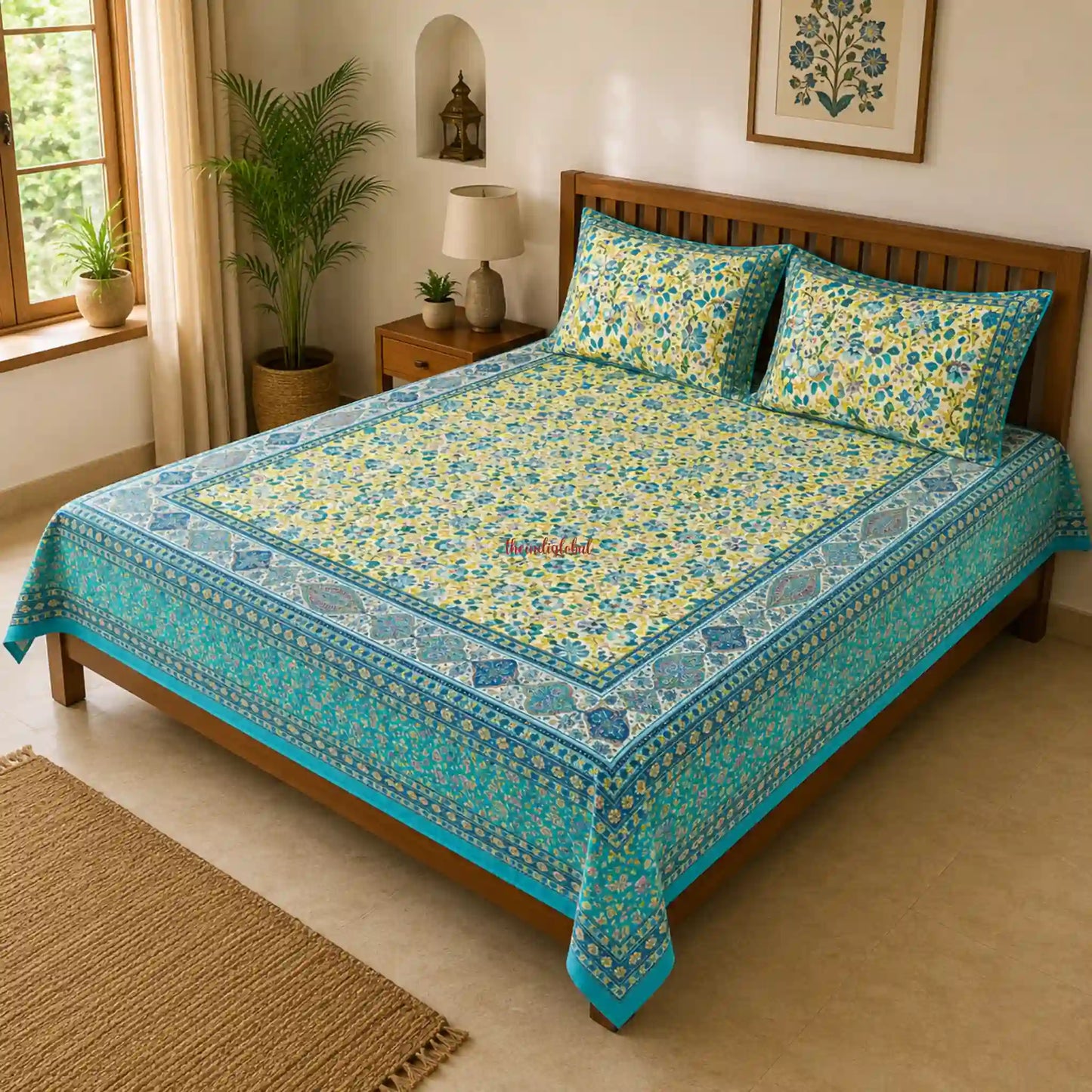 Yellow_Green_Hand_Block_Print_Cotton_Bedsheet_with_Two_Pillow3