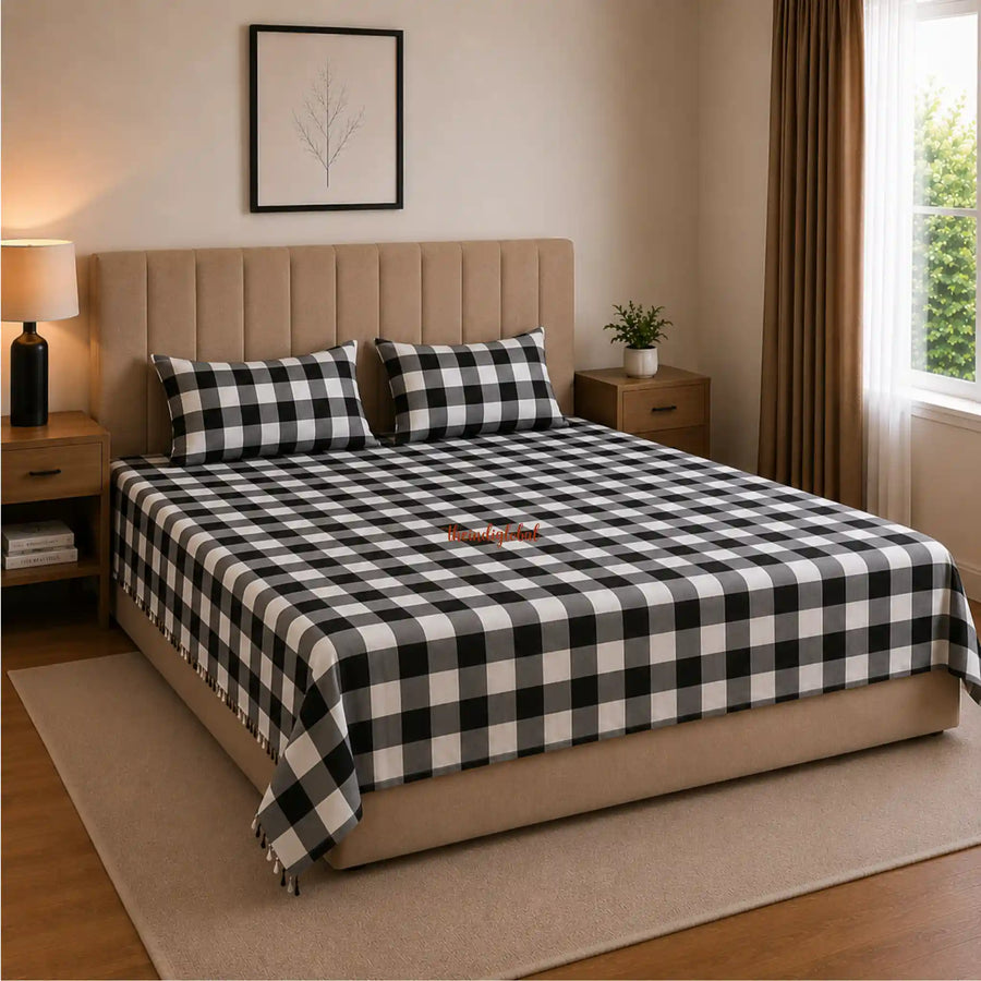 Handloom Cotton Bedsheet with Pillow Covers Checks Black