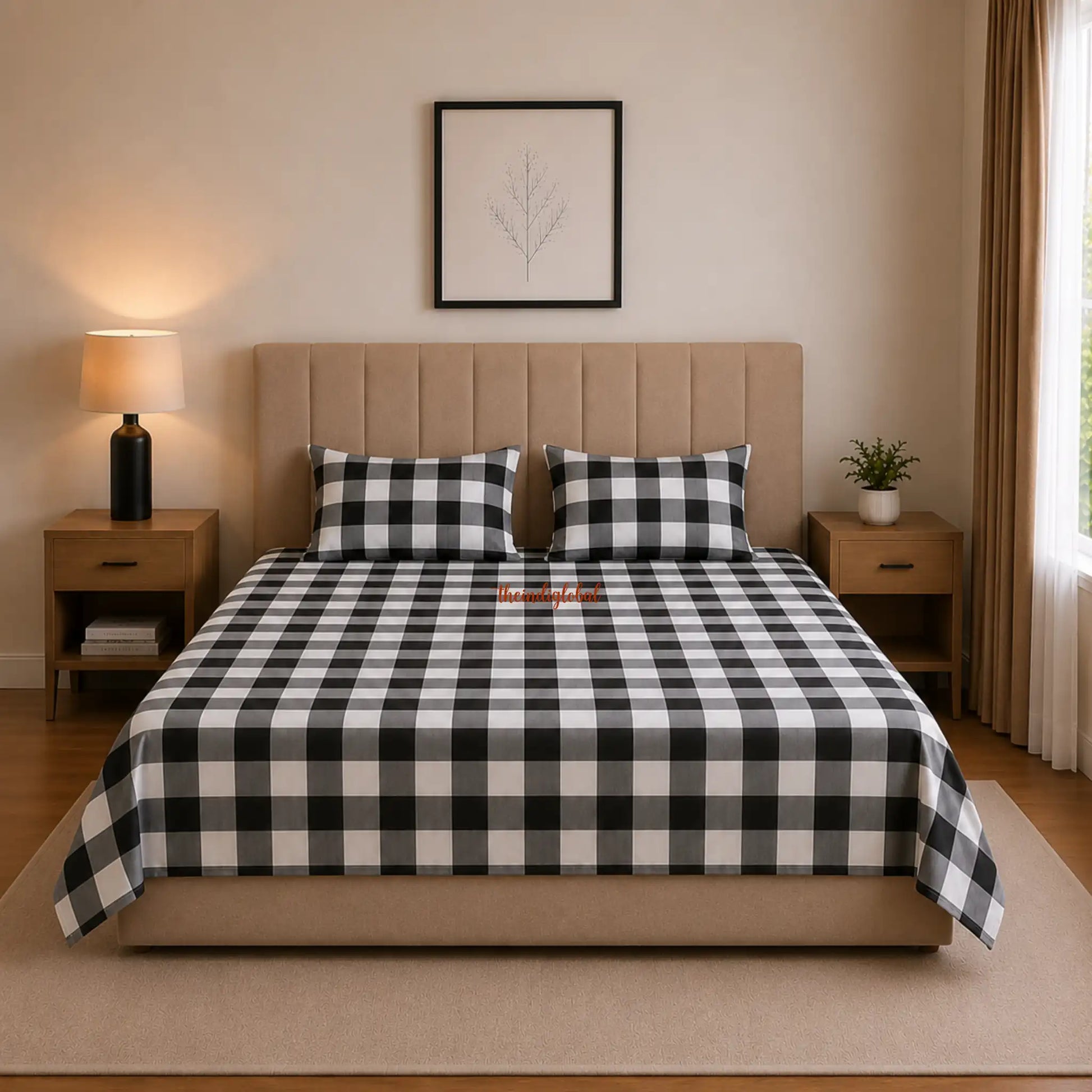 Handloom Cotton Bedsheet with Pillow Covers Checks Black