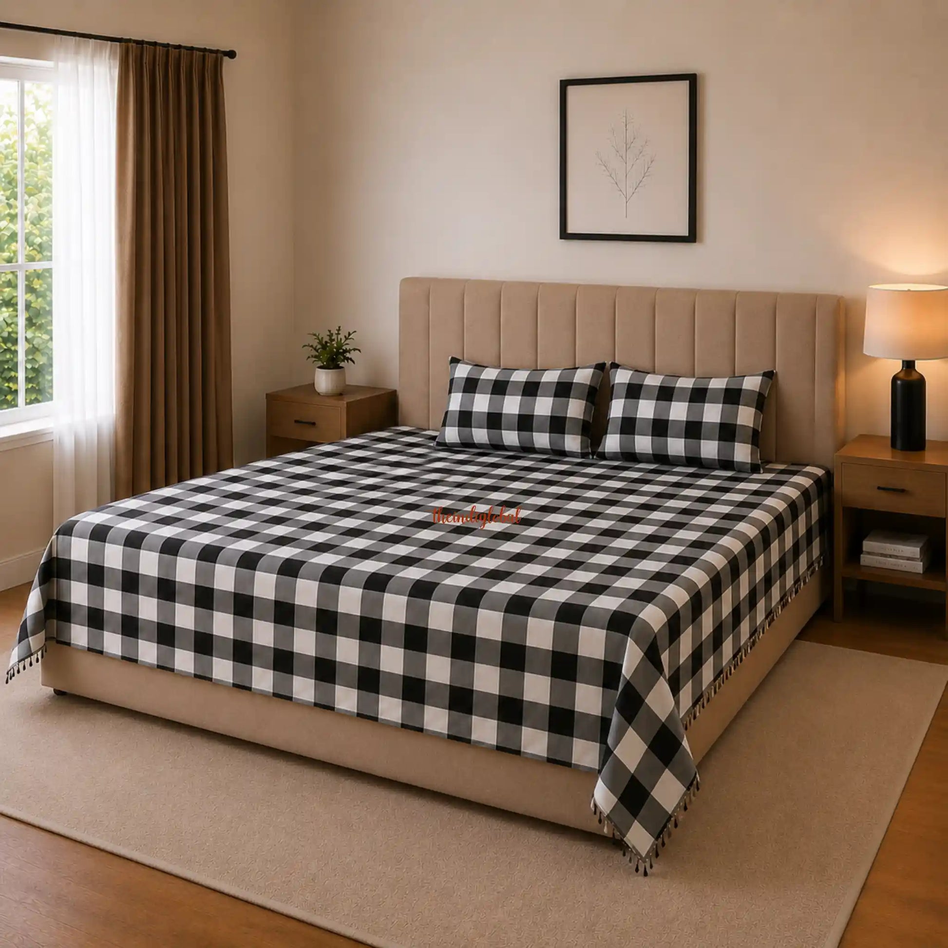 Handloom Cotton Bedsheet with Pillow Covers Checks Black