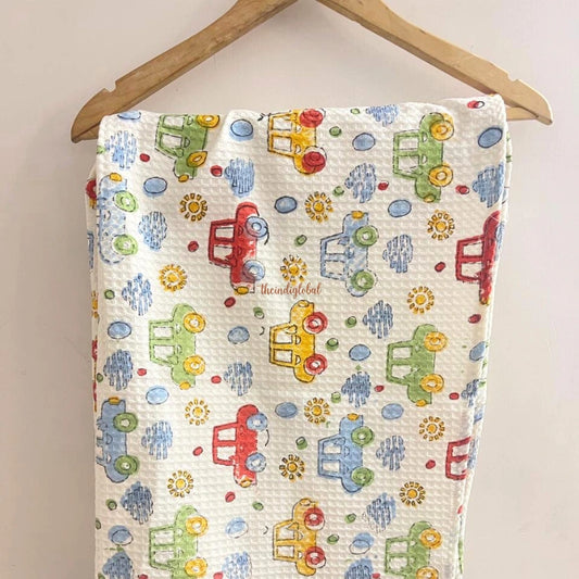 Hand Block Printed Kids Cotton Bath Towel Pink Cars