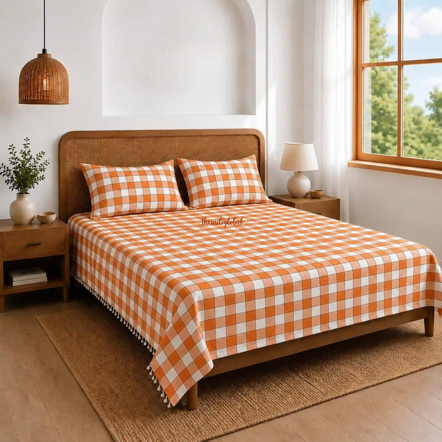Handloom Cotton Bedsheet with Pillow Covers Checks Orange