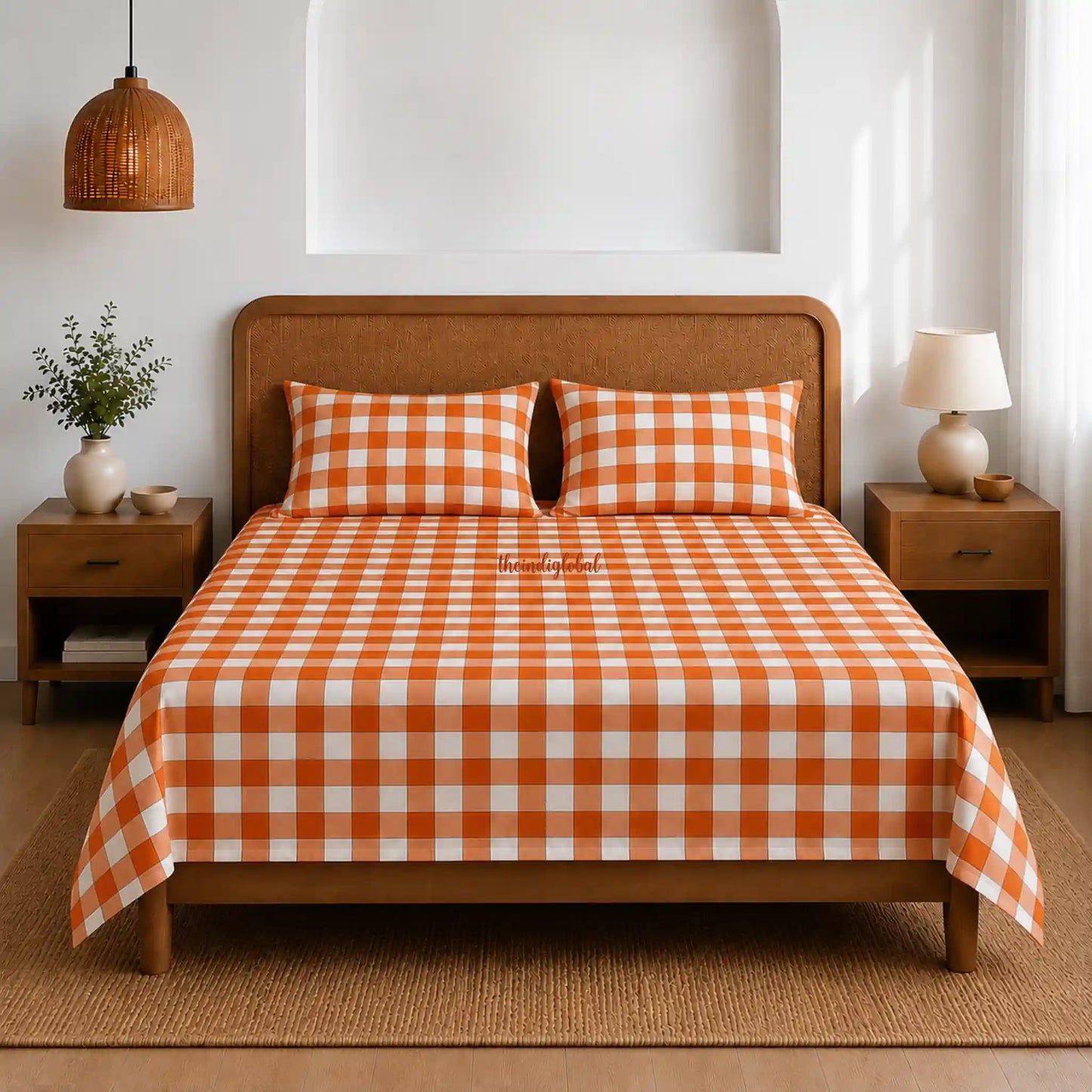 Handloom Cotton Bedsheet with Pillow Covers Checks Orange