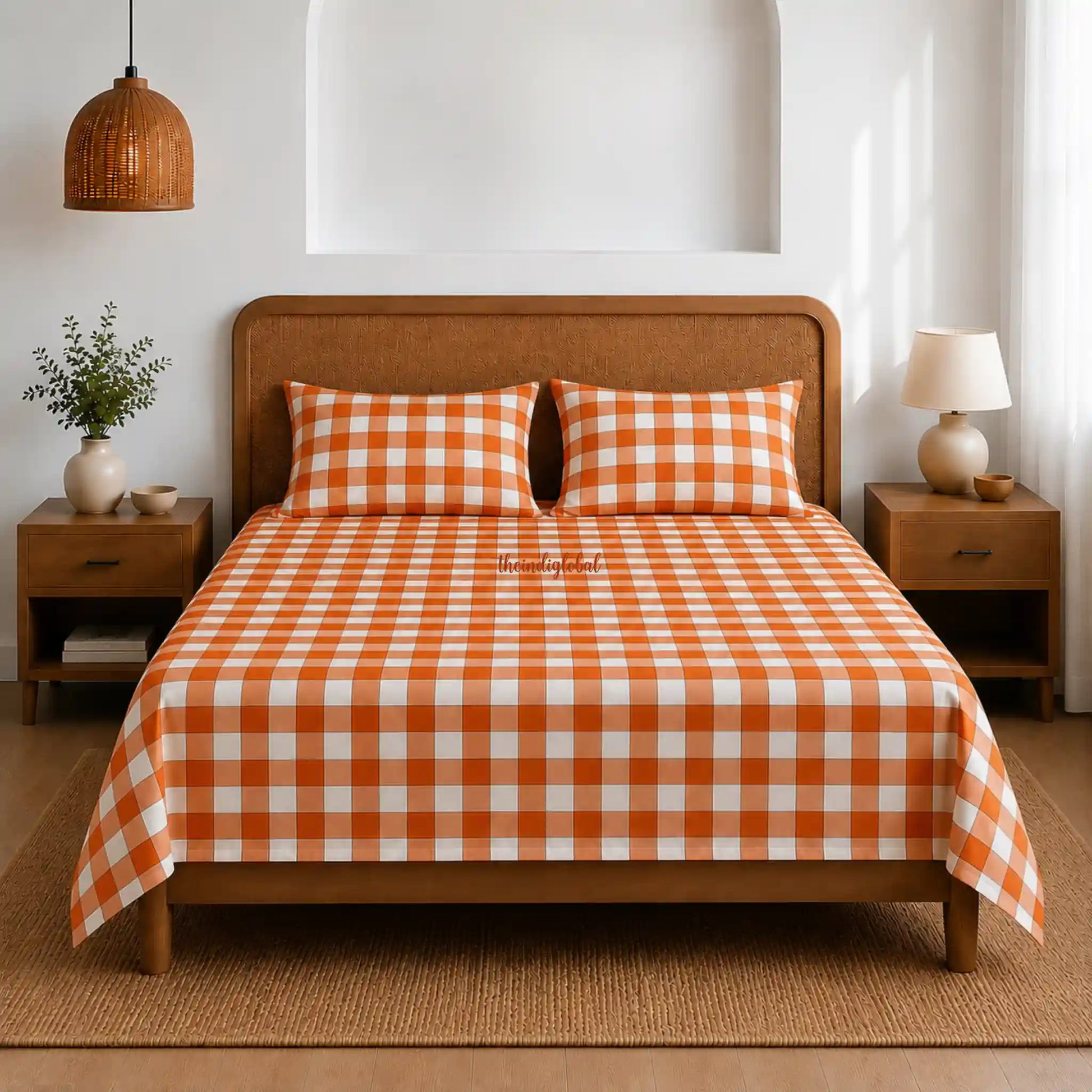 Handloom Cotton Bedsheet with Pillow Covers Checks Orange