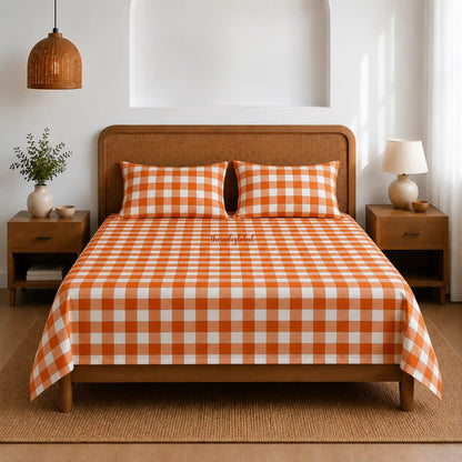 Handloom Cotton Bedsheet with Pillow Covers Checks Orange