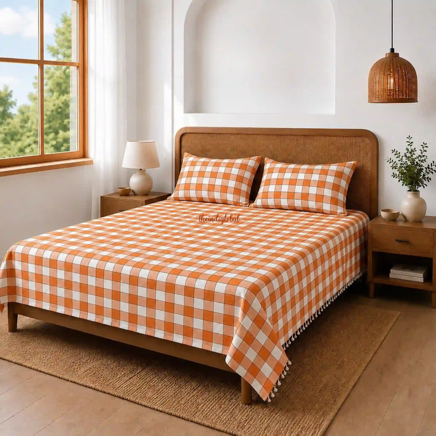 Handloom Cotton Bedsheet with Pillow Covers Checks Orange