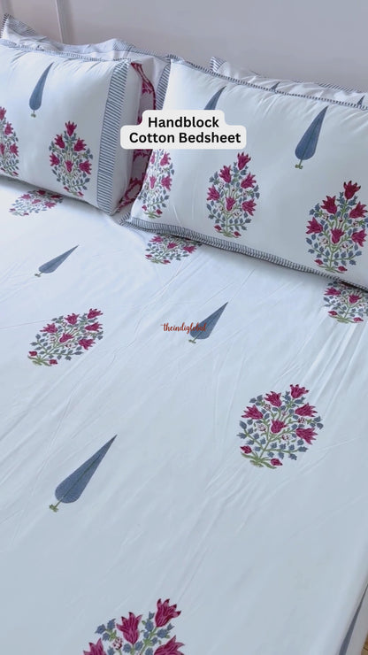 Ramya Hand Block Soft Cotton Bedsheet with 2 Pillow Covers 108*108 inches Pink