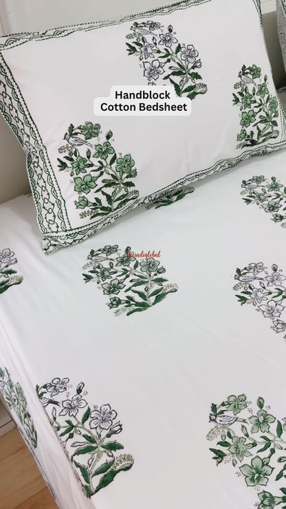 Ramya Hand Block Soft Cotton Bedsheet with 2 Pillow Covers 108*108 inches Vega