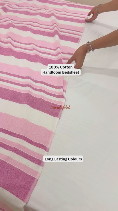 Handloom Cotton Bedsheet with  Pillow Covers Pink White