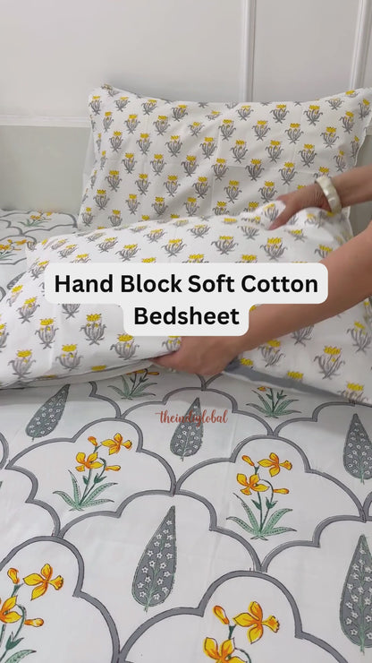 Ramya Hand Block Soft Cotton Bedsheet with 2 Pillow Covers Grey