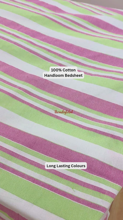 Handloom Cotton Bedsheet with Pillow Covers Pink Green