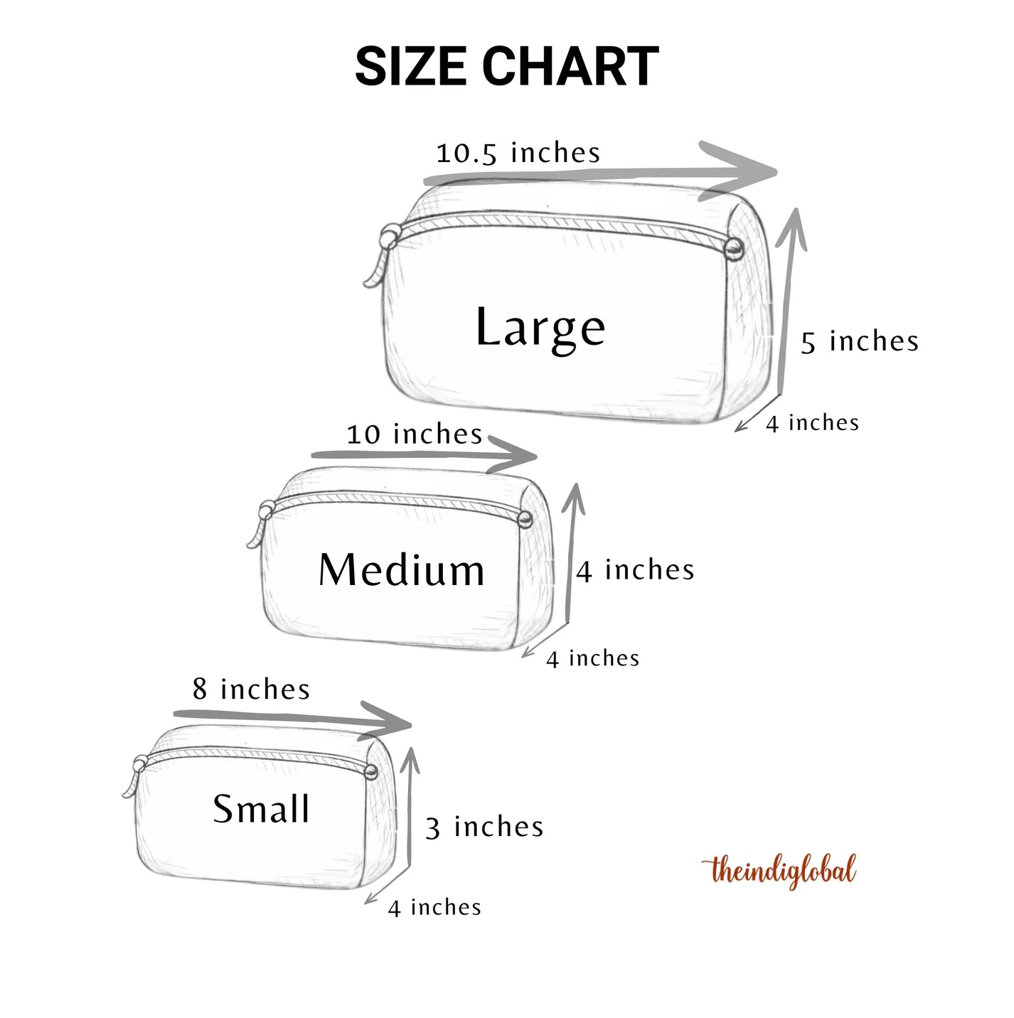 size chart travel pouches