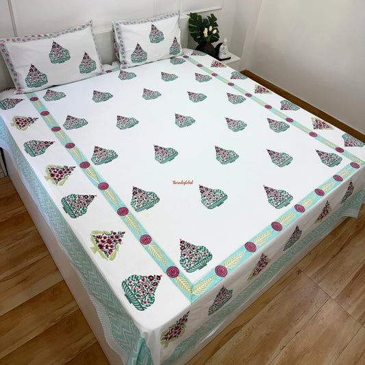 Veda Hand Block Soft Cotton Bedsheet with 2 Pillow Covers Blue
