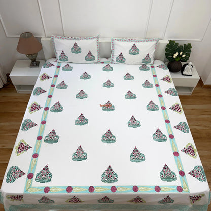 Veda Hand Block Soft Cotton Bedsheet with 2 Pillow Covers Blue