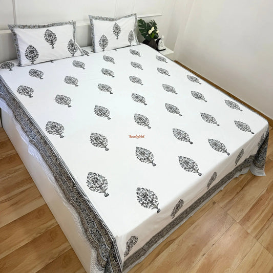 Veda Hand Block Soft Cotton Bedsheet with 2 Pillow Covers Grey