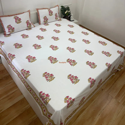 Veda Hand Block Soft Cotton Bedsheet with 2 Pillow Covers Pink