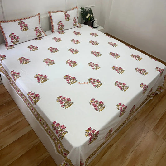 Veda Hand Block Soft Cotton Bedsheet with 2 Pillow Covers Pink