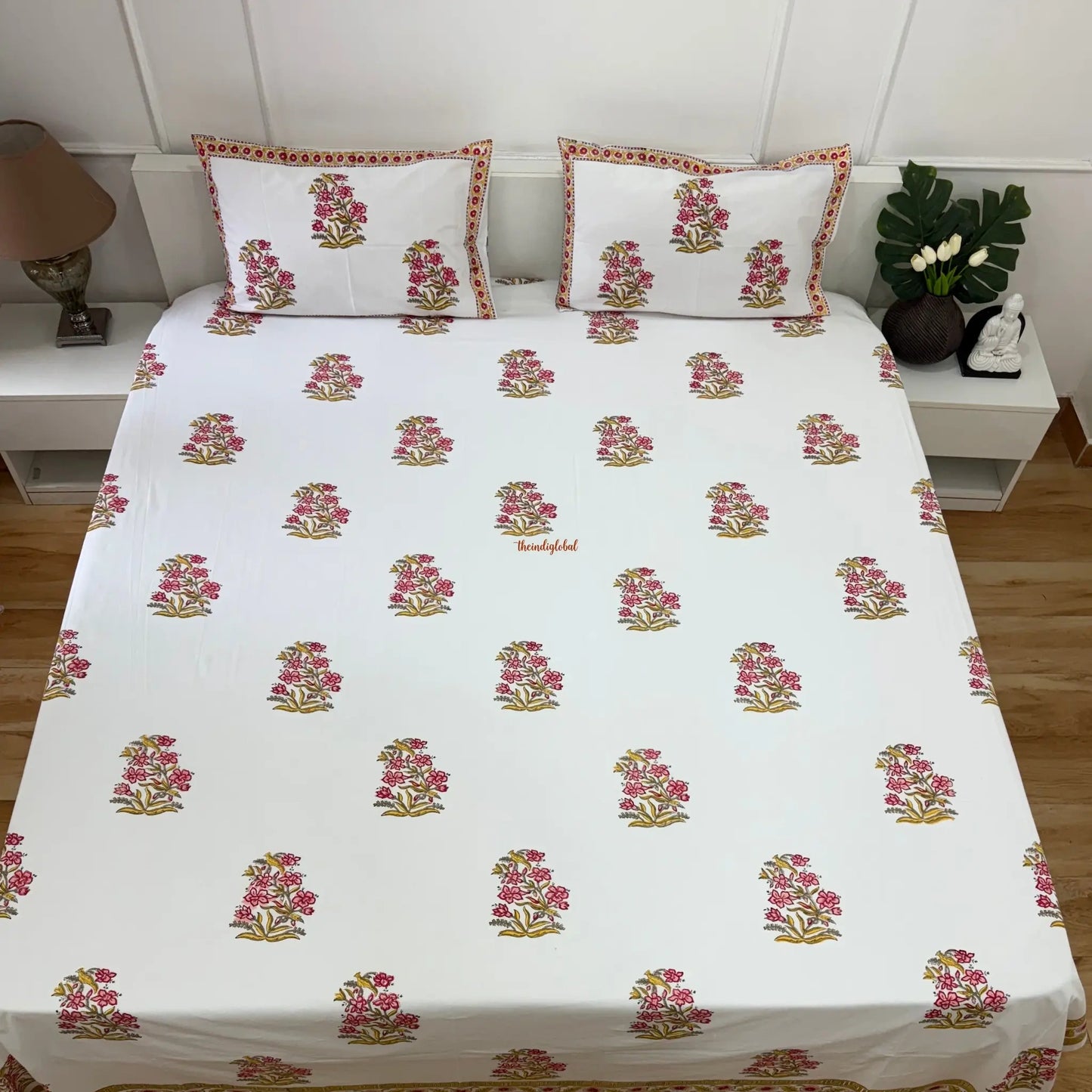 Veda Hand Block Soft Cotton Bedsheet with 2 Pillow Covers Pink