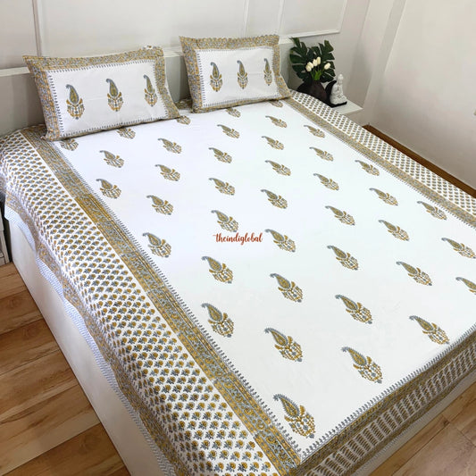 Veda Hand Block Soft Cotton Bedsheet with 2 Pillow Covers Yellow