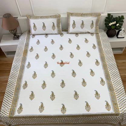 Veda Hand Block Soft Cotton Bedsheet with 2 Pillow Covers Yellow